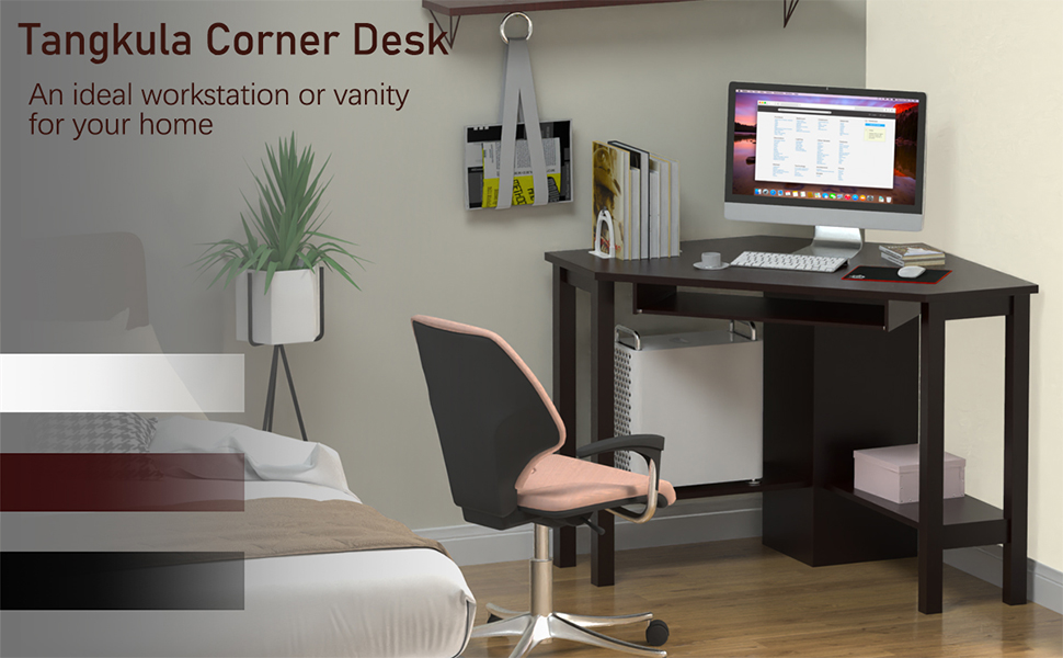 Corner Computer Desk with Smooth Keyboard Tray for Small Space -
