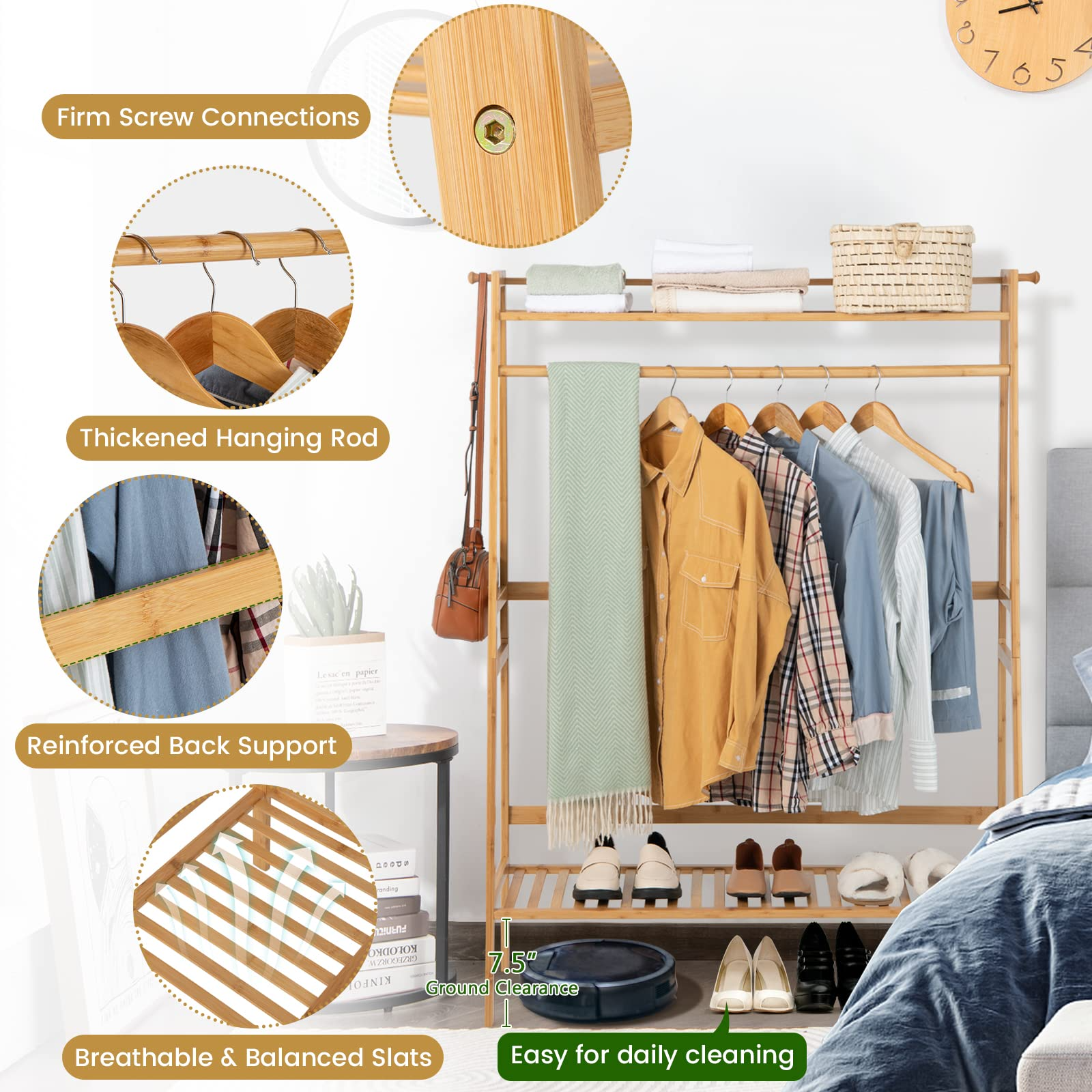 Bamboo Clothing Rack with Storage Shelves