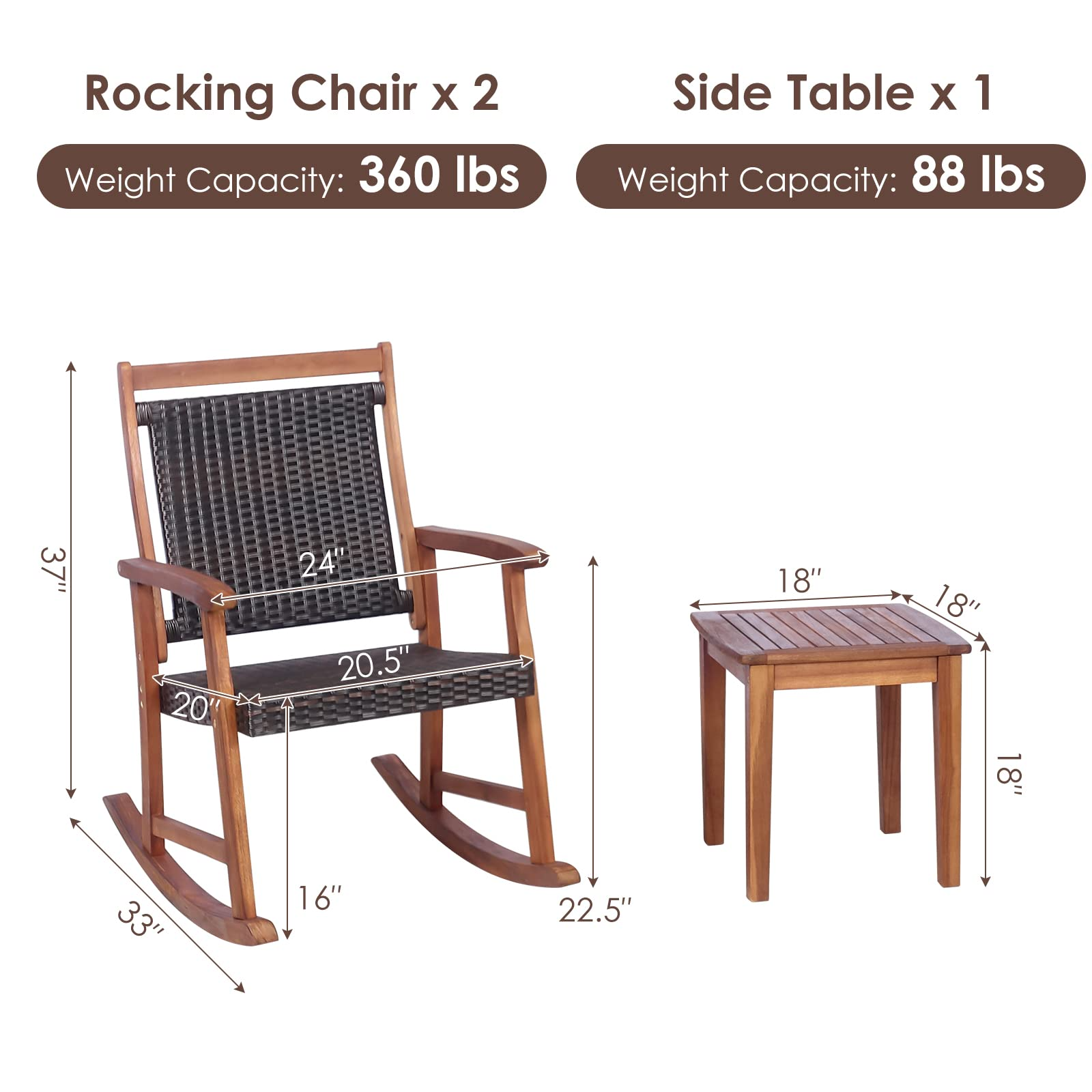 3 Pieces Patio Rocking Chair Set