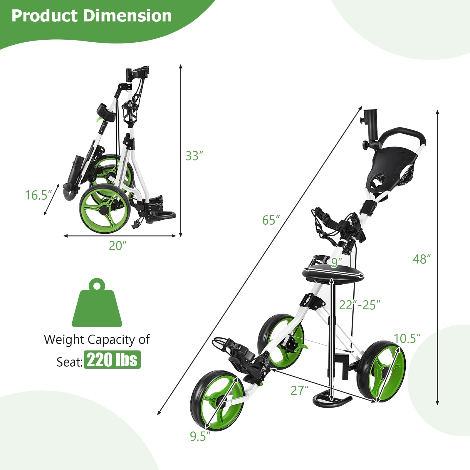 Golf Push Cart with Seat, Lightweight Folding 3 Wheels Golf Pull Cart, Golf Trolley with Scoreboard Bag Foot Brake