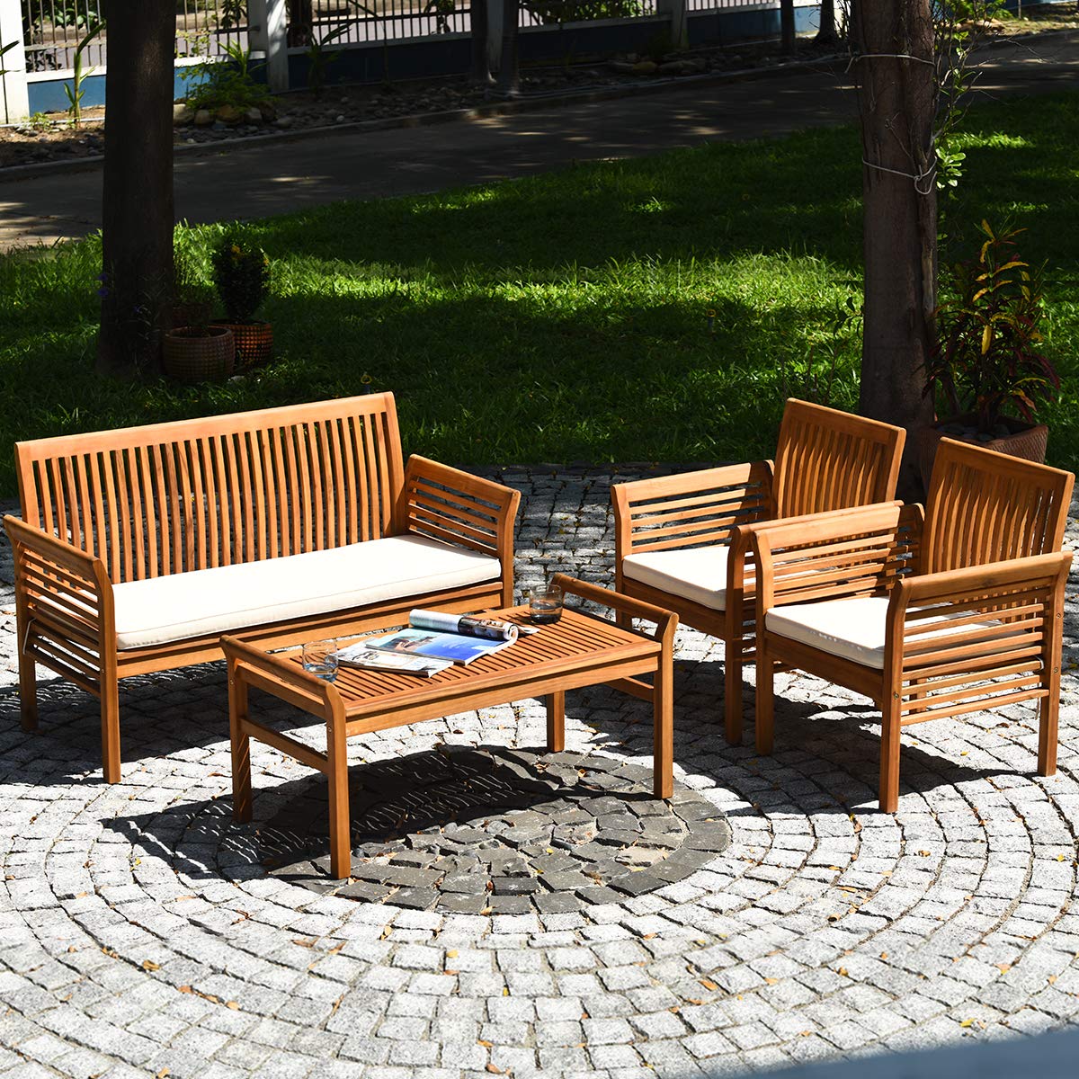 4 Piece Outdoor Acacia Wood Sofa Set