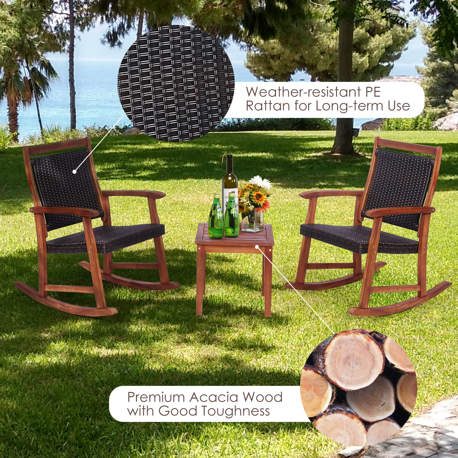 3 Pieces Patio Rocking Chair Set