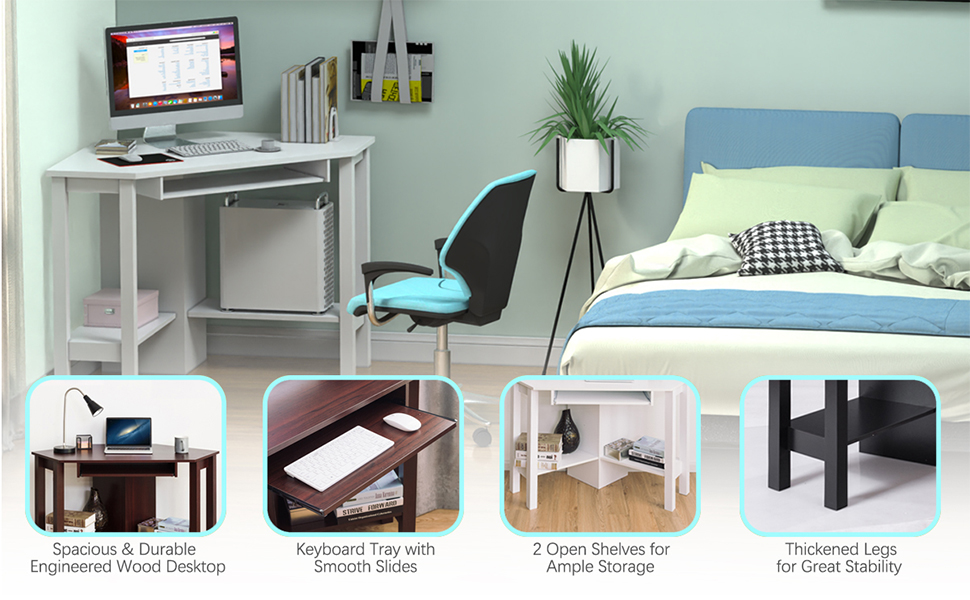 Corner Computer Desk with Smooth Keyboard Tray for Small Space -
