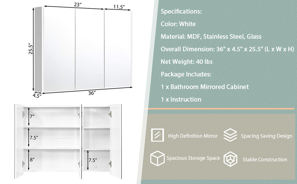 Bathroom Medicine Cabinet with 3 Mirror Doors
