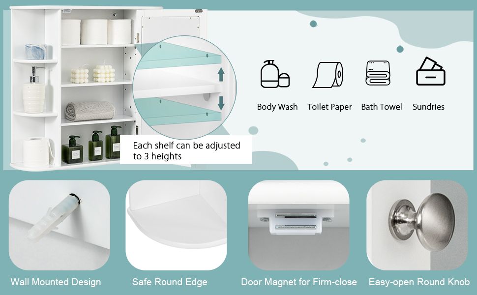 Wall Mounted Bathroom Storage Cabinet with Mirror Door