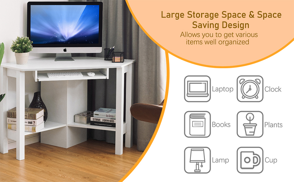 Corner Computer Desk with Smooth Keyboard Tray for Small Space -