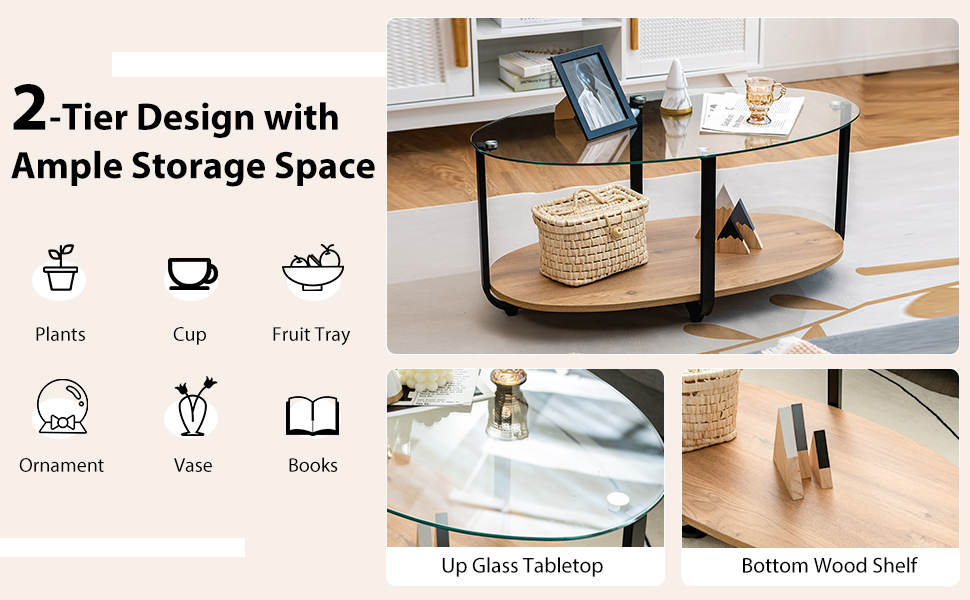2 Tier Oval Tea Table with Tempered Glass Tabletop and Wooden Shelf