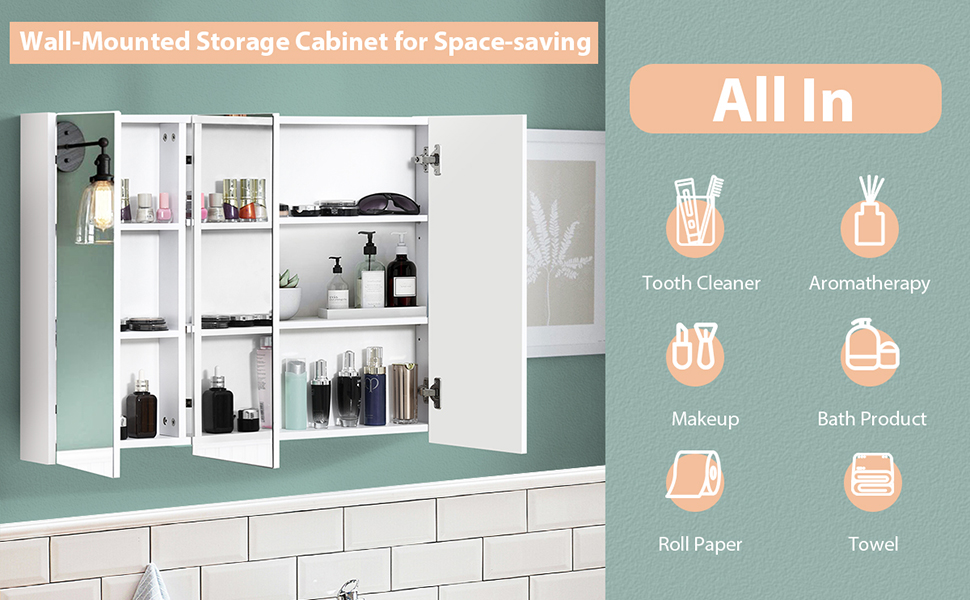 Wall Mount Wide Mirrored Bathroom Cabinet