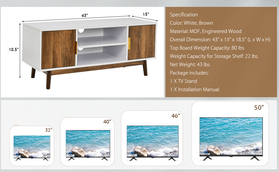 2 Door TV Stand for TVs up to 50” Flat Screen