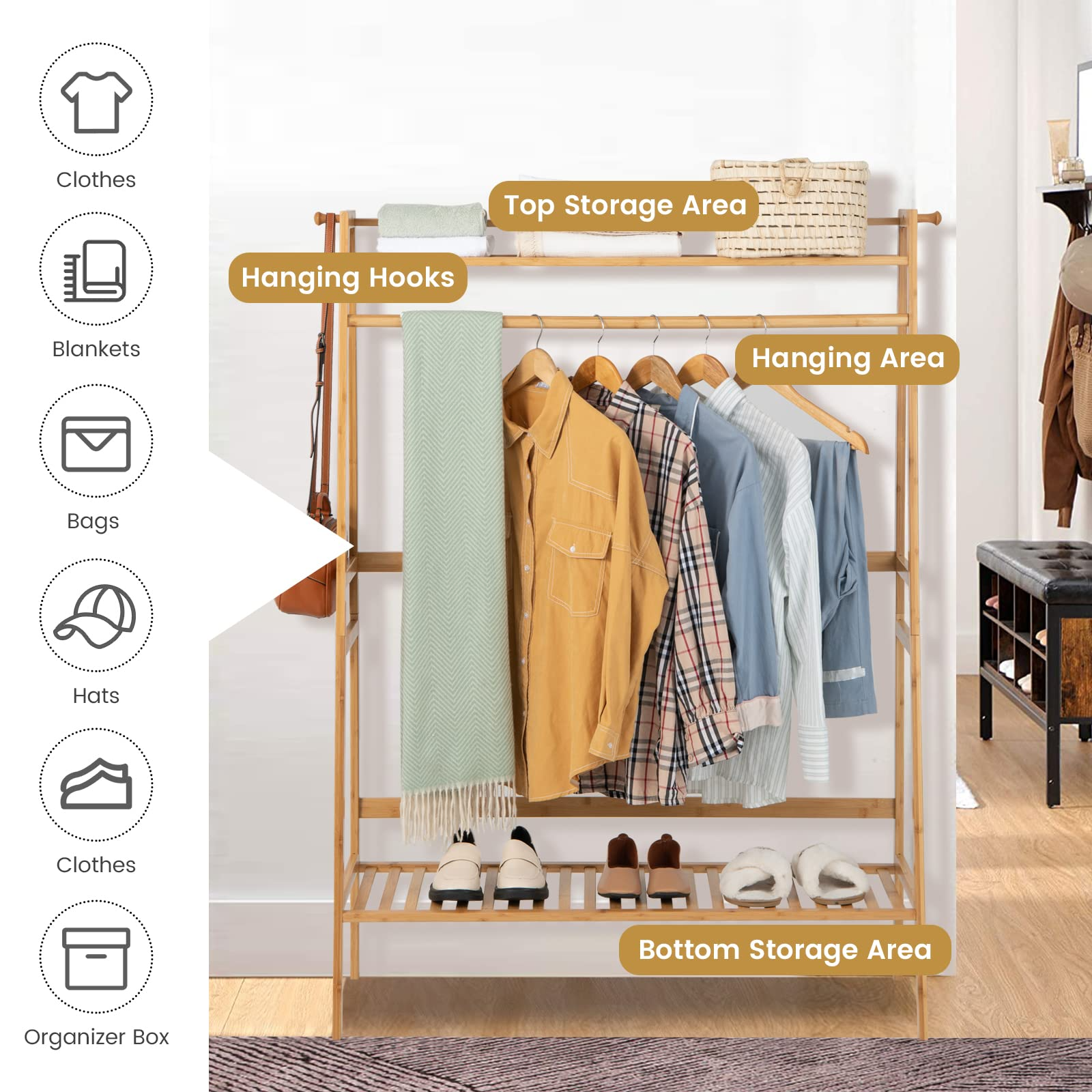 Bamboo Clothing Rack with Storage Shelves